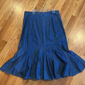 JM Collection paneled jeans skirt.  The hemline is flirty and swings. So cute